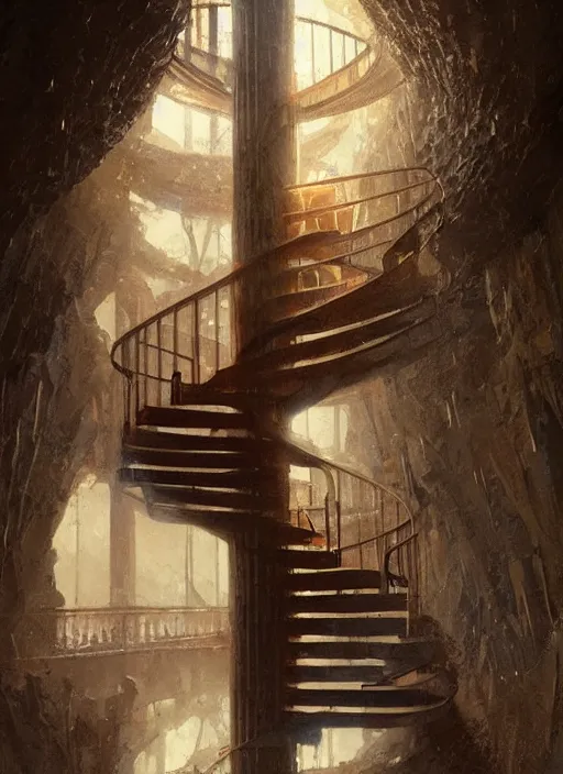 Image similar to spiral staircase leading to a river of lava pouring out of my eyes, masterpiece, amazingly rendered, subtle glows, balanced, painted by greg rutkowski, wlop, artgerm, japanese influence,