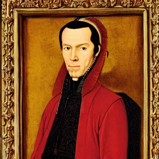 Image similar to a highly detailed portrait of phoenix wright, wearing elegant tudor clothes, inside a room with thick red tapestries, oil painting by hans holbein and alessandro allori and richard burbage