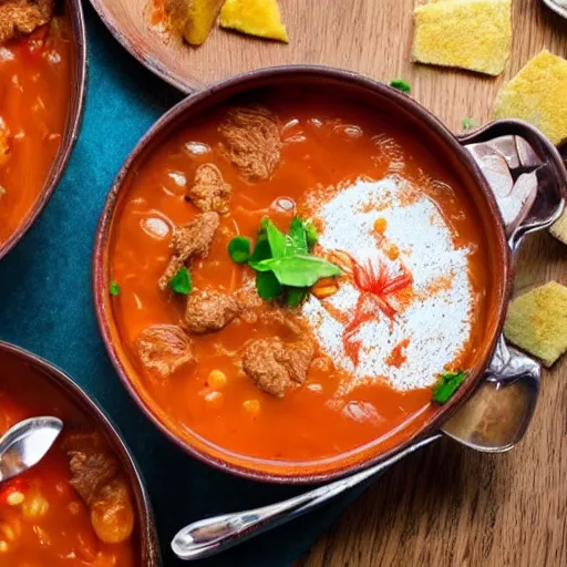 Image similar to emma watson inside a goulash soup bowl