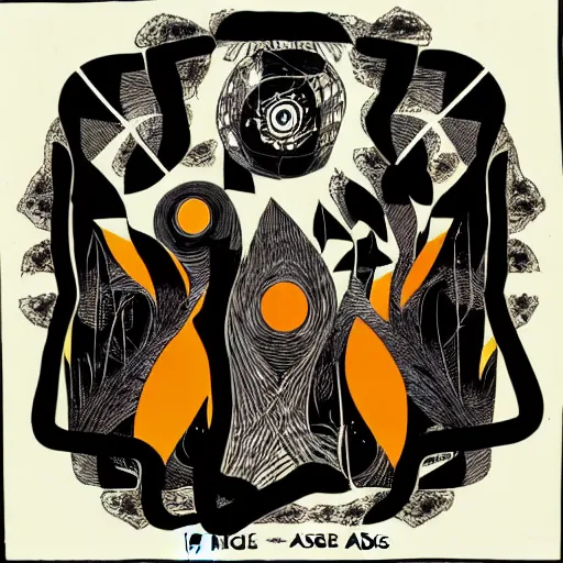 Image similar to post - punk new age album cover, black, white, orange, psychedelic, magic, deforge michael