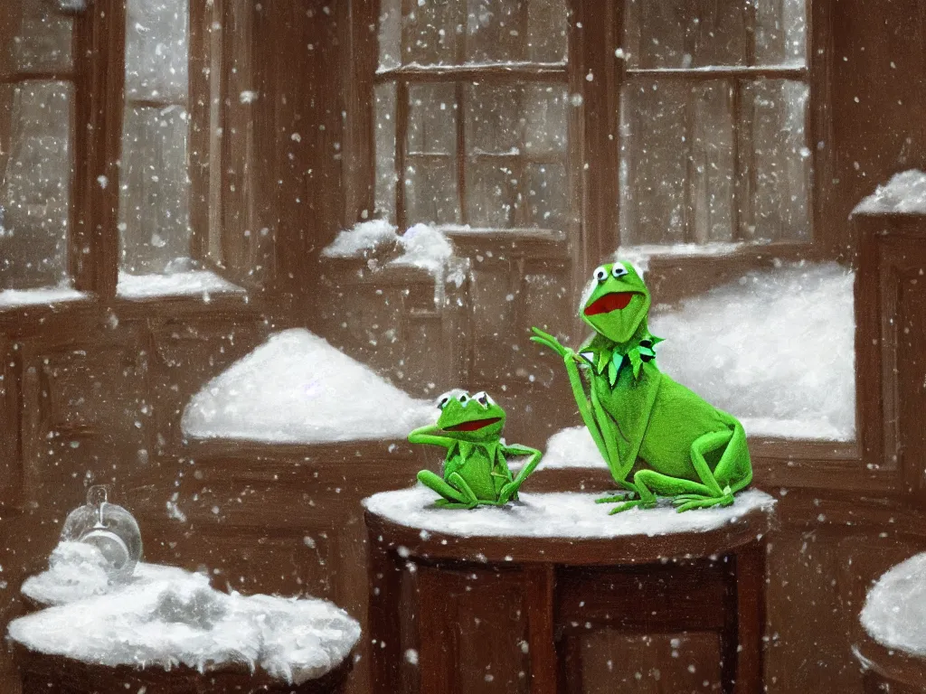 Prompt: Kermit the frog sits as it snows in the interior of a bourgeoise room, Still life with snow.