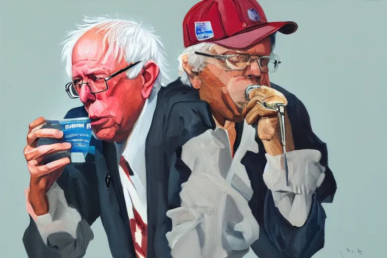 Image similar to Bernie Sanders as crunk rapper, drinking cough syrup, oil on canvas, artstation, portrait, masterpiece, aesthetic