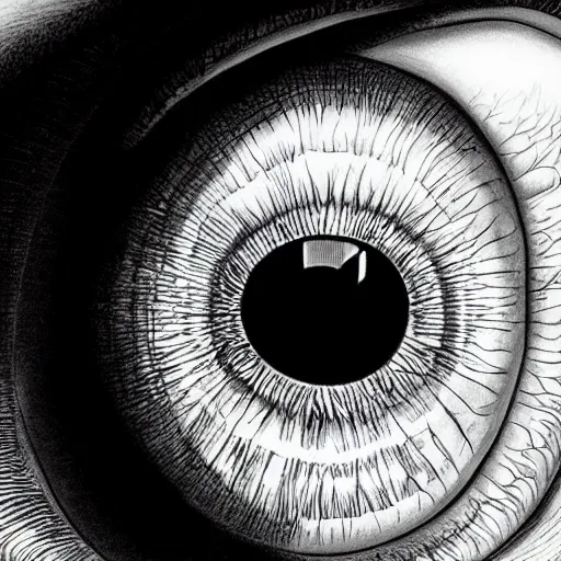 Image similar to hyperrealism photo - realistic lifelike photography photorealistic hyperrealism realistical close - up of an eyeball and inside the pupil is a mountain range landscape and scenery highly detailed ultra psychedelic by alex grey greg rutowski james gurney gustave dore michaelangelo davinci