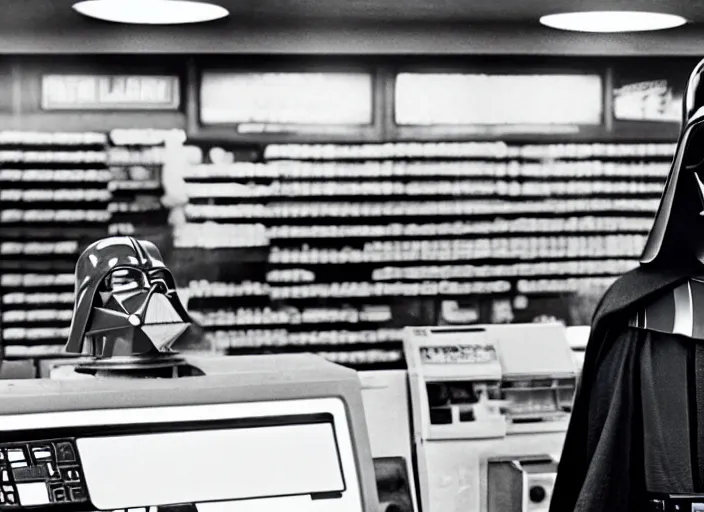 Image similar to film still of Darth Vader working as a clerk in a convenience store in the new Star Wars movie, 4k, black and white