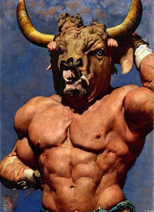 Image similar to full body portrait of dorian yates with the head of a bull as the greek minotaur, dynamic action, by norman rockwell and jesper ejsing and tom lovell and frank schoonover