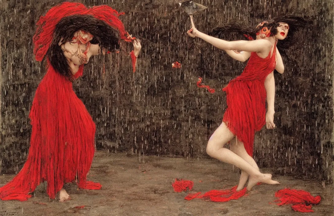 Prompt: grim horror face of beautiful woman witch dancing in rain., film still by kubrick, depicted by herbert james draper, arnold bocklin, john willaim godward, sir lawrence alma - tadema. vibrant color palette, very intricate details, minimalist. red and white chalk study