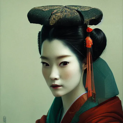 Image similar to portrait of a geisha, fractal, intricate, elegant, highly detailed, digital photography, subsurface scattering, cinematic lighting, by jheronimus bosch and james jean and greg rutkowski,