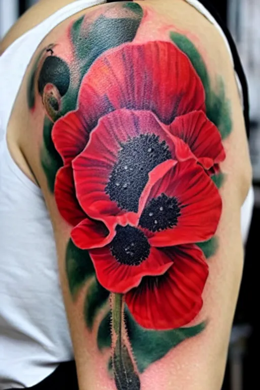 Image similar to tattoo concept, poppy, spine, red, black, fine line