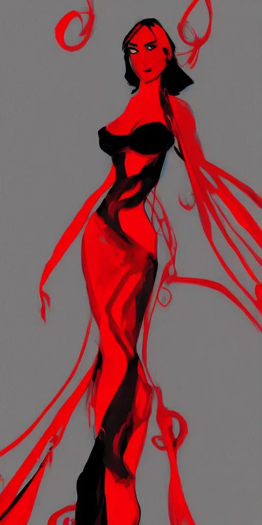 Prompt: sensual concept art of a red woman in a dress dancing, red shading, black baground, only red and black, patrick westwood style, red series, benjamin conalin style, artstation trending, high detail