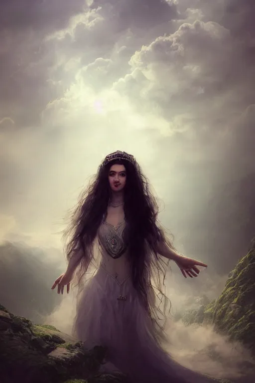 Prompt: realistic portrait of dreamy beautiful persian goddess princess in the clouds, volumetric fog, green eyes, long black hair flying around, smiling, face, highly detailed, artstation, concept art, sharp focus, hyper realistic, octane render, unreal engine, 8 k