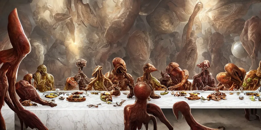 Prompt: !13 hungry aliens enjoying a rich salad around a marble table, !positioned as last supper cinematic lighting, dramatic framing, idilic, fantasy, highly detalied, 4k, artstation, by Wayne Barlowe