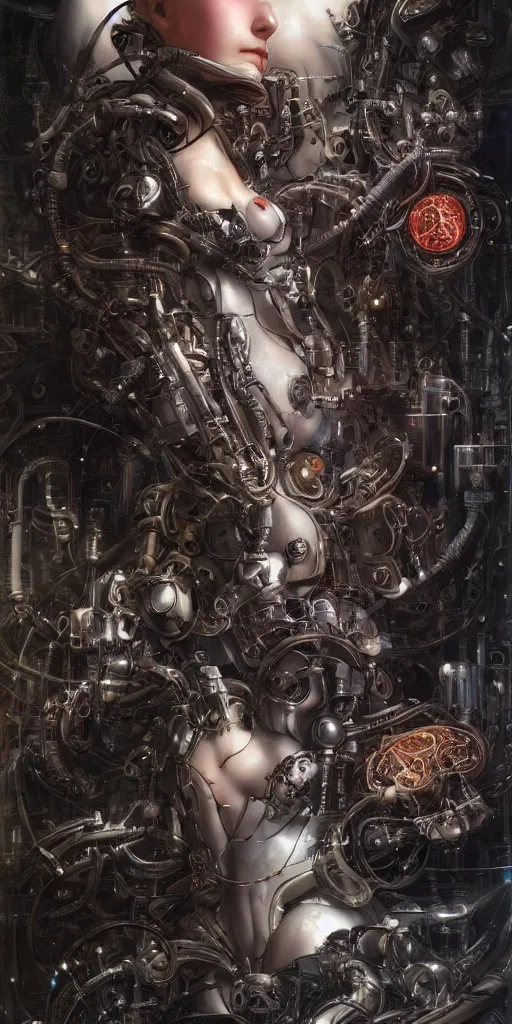 Prompt: a lovely mechanical girl beautiful face, scifi, futuristic, utopian, machine parts, body parts, wires, circuits, highly detailed, octane render, cinematic, ayami kojima, karol bak, greg hildebrandt, and mark brooks, hauntingly surreal, gothic, highly detailed and intricate, rich deep colors.