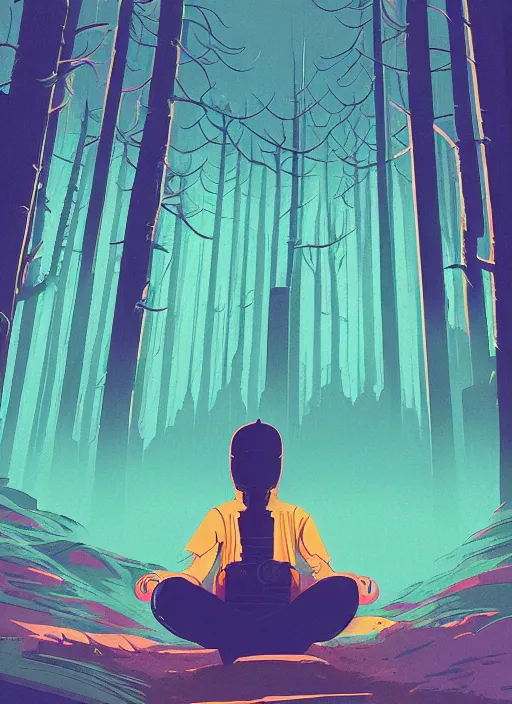 Prompt: a transparent glass movie poster of a male cyberpunk explorer meditating in an ancient forest, midnight, risograph by ghostshrimp, kawase hasui, josan gonzalez, pascal blanche and edward hopper, colourful flat surreal design, in the style of oxenfree, super detailed, a lot of tiny details, negative space