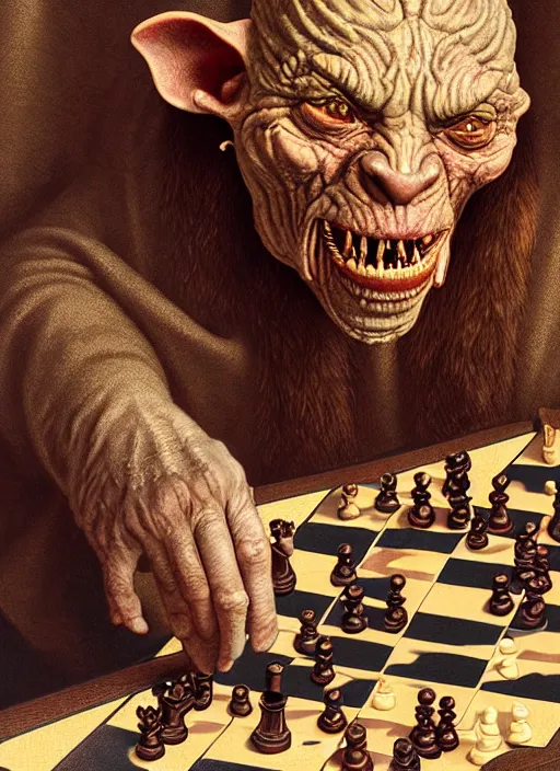 Image similar to highly detailed closeup portrait of a medieval goblin playing chess, stephen bliss, unreal engine, greg rutkowski, ilya kuvshinov, ross draws, hyung tae and frank frazetta, tom bagshaw, tom whalen, nicoletta ceccoli, mark ryden, earl norem, global illumination, god rays, detailed and intricate environment