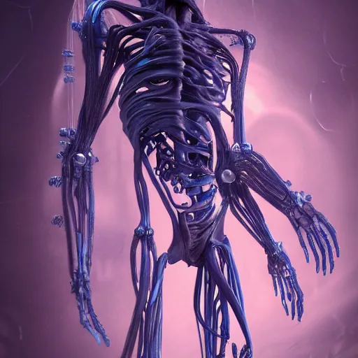 Image similar to a biomechanical ghost covered in fluid silk, veins nerves, tendons wires machines, highly detailed, backlit, dark atmosphere, octane render, unreal engine, photorealist, procedural light, grimy lab