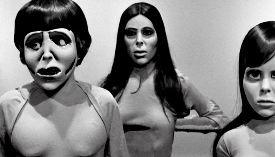 Prompt: a 1 9 7 0's cult exploitation horror movie where a evil kid wears a kim kardashian halloween mask