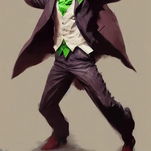 Image similar to joker, full body, dynamic pose, painted by greg rutkowski