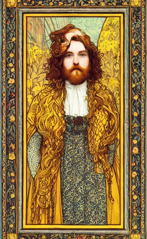 Prompt: full body hipster masterpiece of preraphaelite portrait photography, hipster hair fringe, yellow ochre ornate medieval dress, william morris and kilian eng and mucha, framed, 4 k