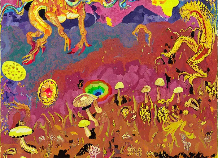 Image similar to expressionistic pixelated decollage painting golden armor alien zombie horseman riding on a crystal bone dragon broken rainbow diamond maggot horse in a blossoming meadow full of colorful mushrooms and golden foil toad blobs in a golden sunset, distant forest horizon, painted by Mark Rothko, Helen Frankenthaler, Danny Fox and Hilma af Klint, graffiti buff, pixel mosaic, semiabstract, color field painting, byzantine art, pop art look, naive, outsider art, very coherent symmetrical artwork. Beksinski painting, part by Philip Guston and Adrian Ghenie, art by George Condo, 8k, extreme detail, intricate detail, masterpiece