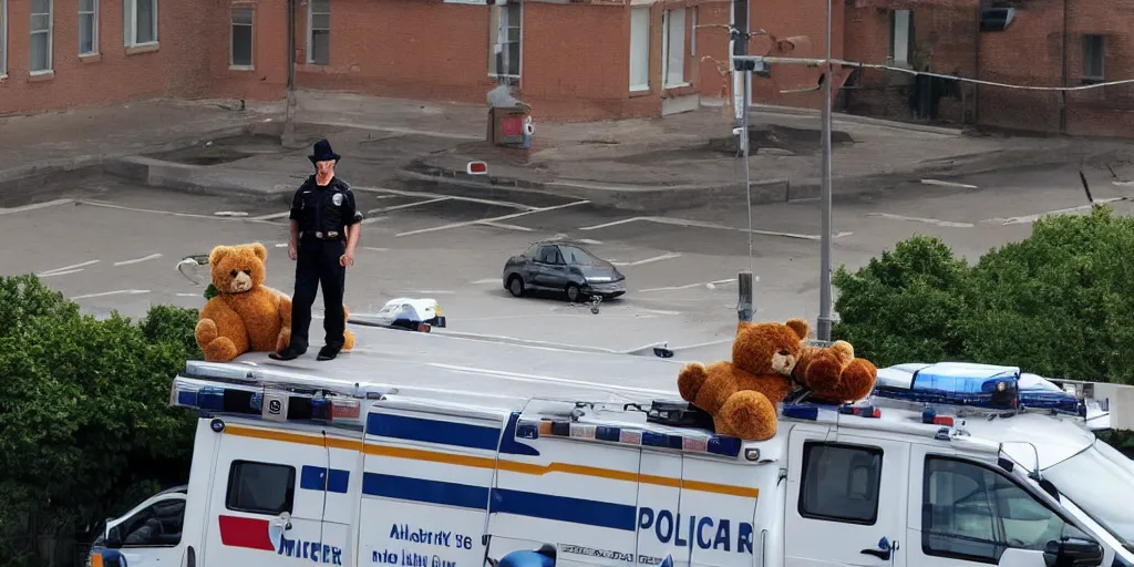 Prompt: a policeman standing on the top of an ambulance roof with a teddy bear in his hands