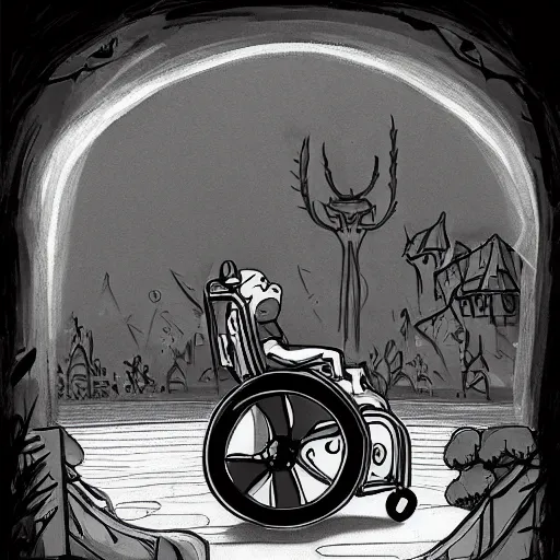 Image similar to storybook illustration of a gaming wheelchair, storybook illustration, monochromatic