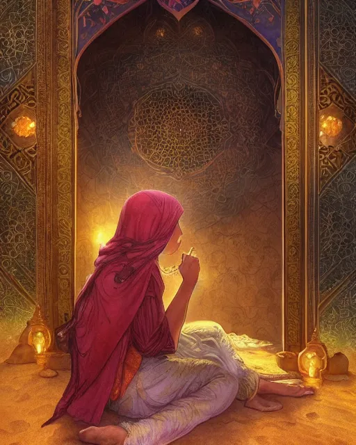 Image similar to a bedouin child infront of an big open quran highly detailed, gold filigree, romantic storybook fantasy, soft cinematic lighting, award, disney concept art watercolor illustration by mandy jurgens and alphonse mucha and alena aenami, pastel color palette, featured on artstation