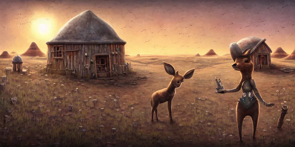 Image similar to anthropomorphic doe is visiting a post - apocalyptic merchant town of flower huts in the salt dunes, matte oil painting, extreme body modification, badlands, rust, retrofutistic, science fantasy, rpg, roguelike, epic, plants, extremely detailed, sharp focus, 4 k
