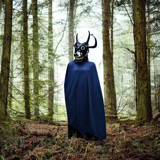 Prompt: professional photograph of tall creature wearing a wolf skull mask and a full body dark blue blanket in the middle of the forest, front view