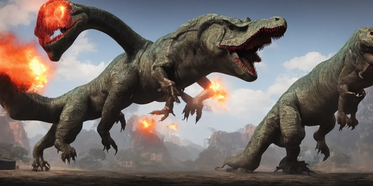 Image similar to communist dinosaur, china, tyrannosaurus, unreal engine, cinematic