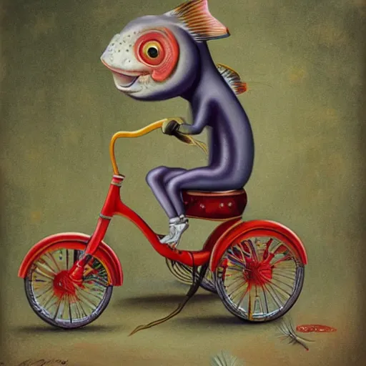 Image similar to a fish on a tricycle, lowbrow painting by mark ryden