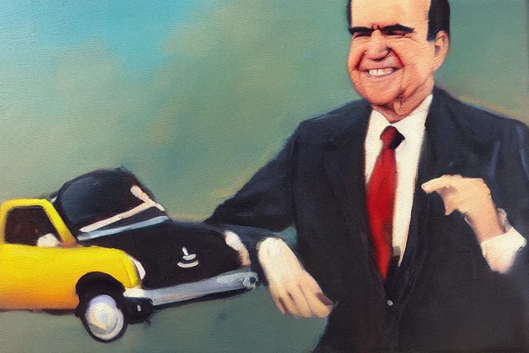 Image similar to “An oil painting of Richard Nixon driving a miniature clown car”