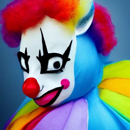 Prompt: photo of a unicorn clown