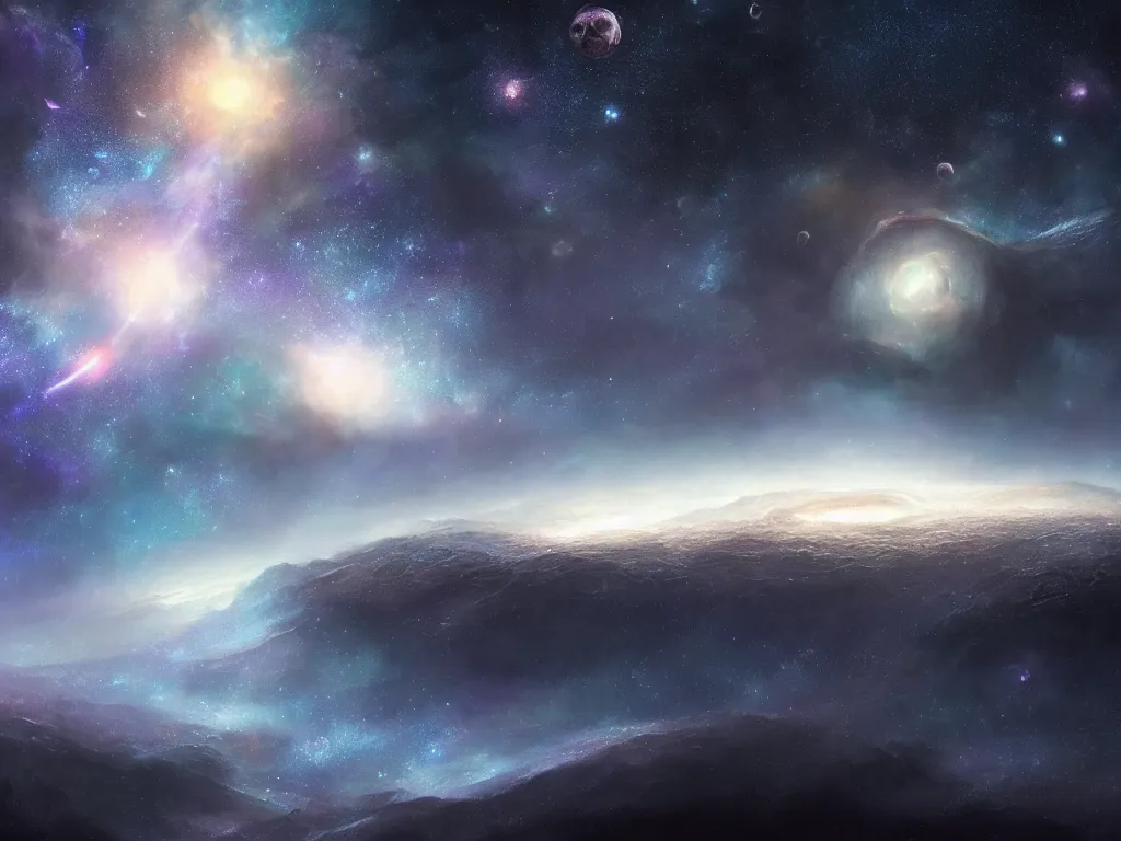 Prompt: a vast galaxy, five planets, intricate, fantasy, highly detailed, digital painting, concept art, sharp focus, illustration, beautiful volumetric lighting, deep dark, artstation, Profound and vast, black, by Elizabeth Miloecute