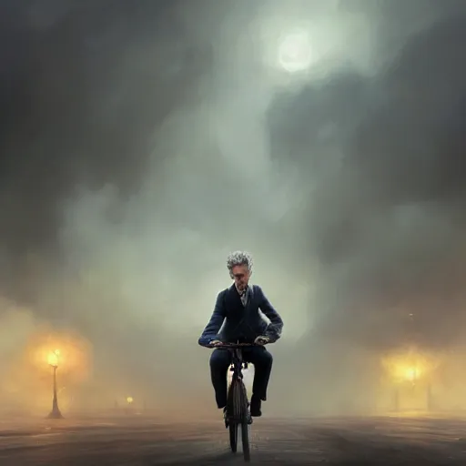 Image similar to cinematic shot epic portrait peter capaldi riding a bicycle in the streets, atmospheric, cloudy, broad light, ambient occlusion, volumetric light effect, made by ivan aivazovsky, peter mohrbacher, greg rutkowski, ross tran, matte painting, trending on artstation, 4 k, perfectly defined features, digital painting, cinematic, epic, highly detailed,