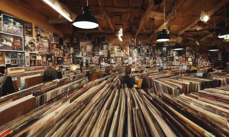 Prompt: interior of a record store, cozy atmosphere, anime style, customers talking to each other, highly detailed