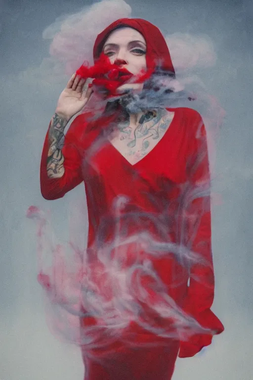 Prompt: tattooed beautiful cult girl smoke swirling and smiling, red dress, drug trip, symmetric, dark, moody, eerie religious composition, photorealistic oil painting, post modernist layering, by Sean Yoro