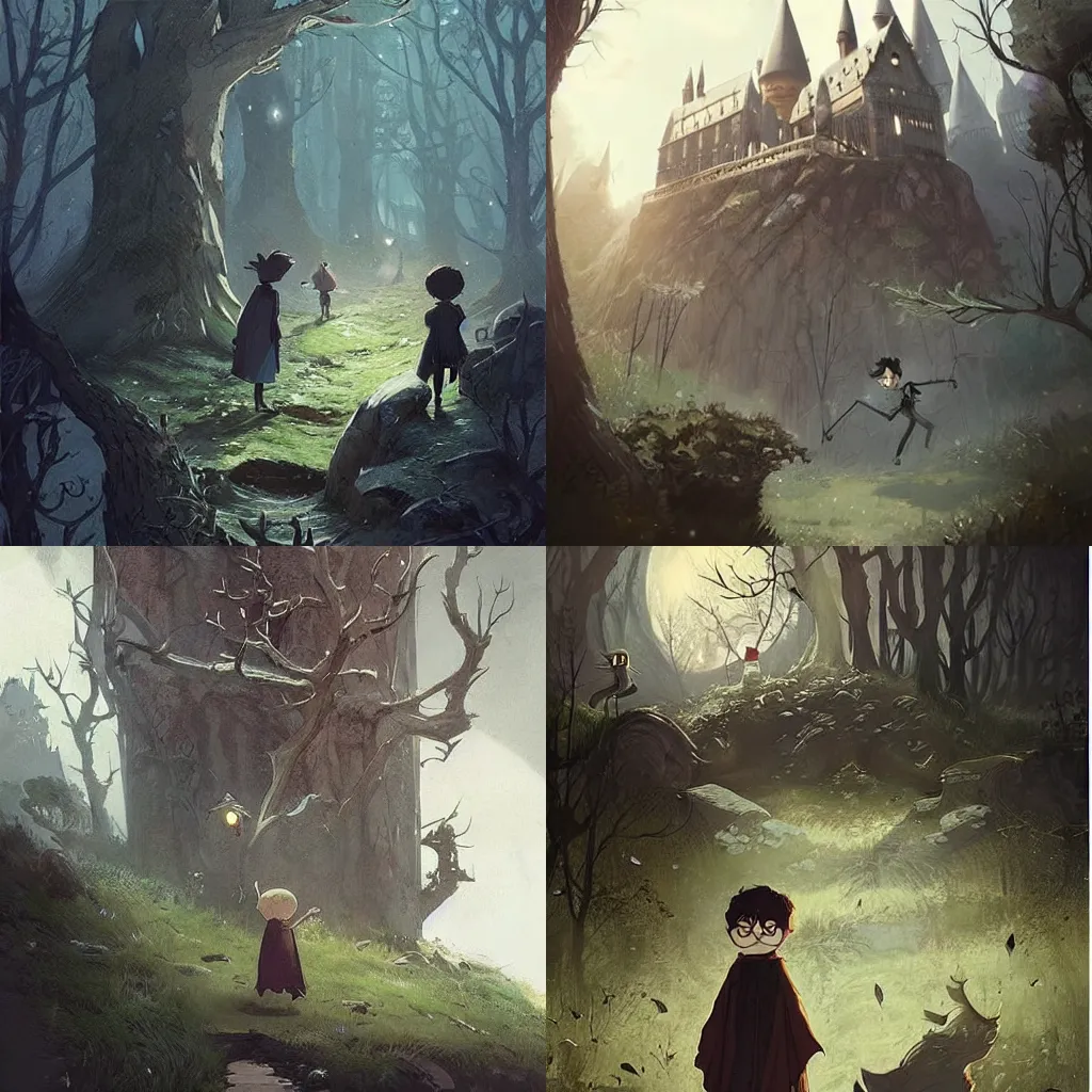 Prompt: Harry Potter in the series: Over the Garden Wall, fantasy concept art by J.Dickenson and Greg Rutkowski, trending on Pinterest