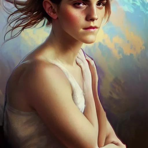 Prompt: painted portrait of emma watson by greg rutkowski craig mullins artgerm alphonse mucha, caustics, soft gentle face, buzz cut, handsome muscular upper body, mature warm tone, large brown pants, radiant light, lush background fantasy, intricate elegant detailed digital painting concept art artstation sharp focus illustration