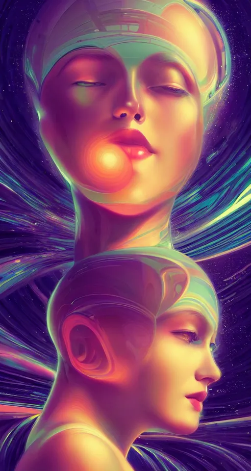 Prompt: art deco close up portait of head surrounded by spheres, like a dream digital painting cinematic dramatic fluid lines otherworldly vaporwave interesting details epic composition by artgerm