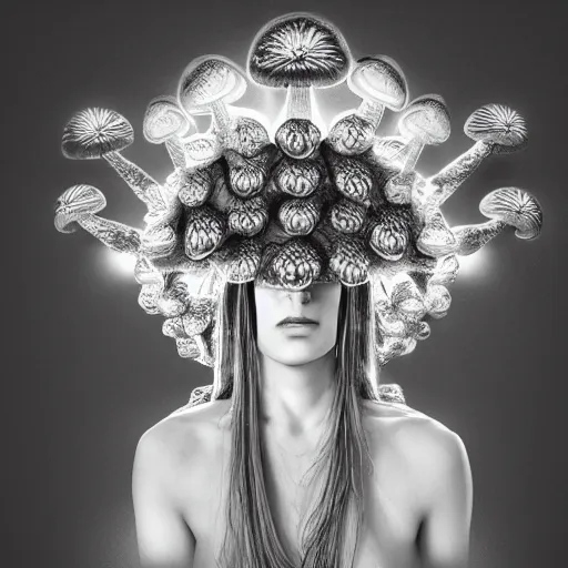 Image similar to mushroom goddess with extremely elegant headdress with group of elders in a ceremony for plant medicine, beautiful, hiroya oku, yoshitaka amano, alex grey, black and white, beautiful lighting, cinematic still, quantum gravity 3 d render, 8 k