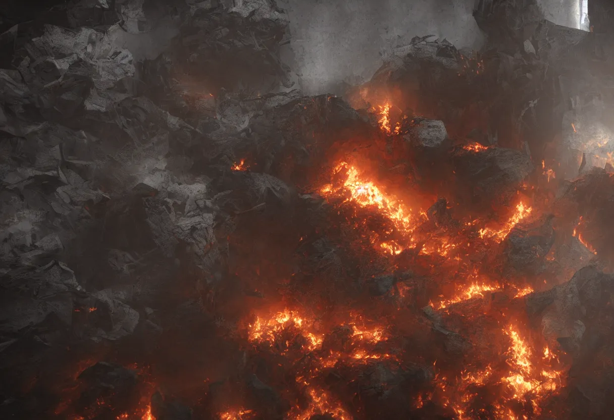 Image similar to burning walls in hell, apocalyptic, cinematic lighting, atmospheric, hyper realism, realistic, octane render, dramatic lighting, highly detailed, cinematic