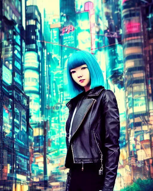 Image similar to Beautiful young Japanese girl with glowing teal hair bob haircut, bangs, leather jacket, cyberpunk city background, in the style of Anna Dittman, fashion photography