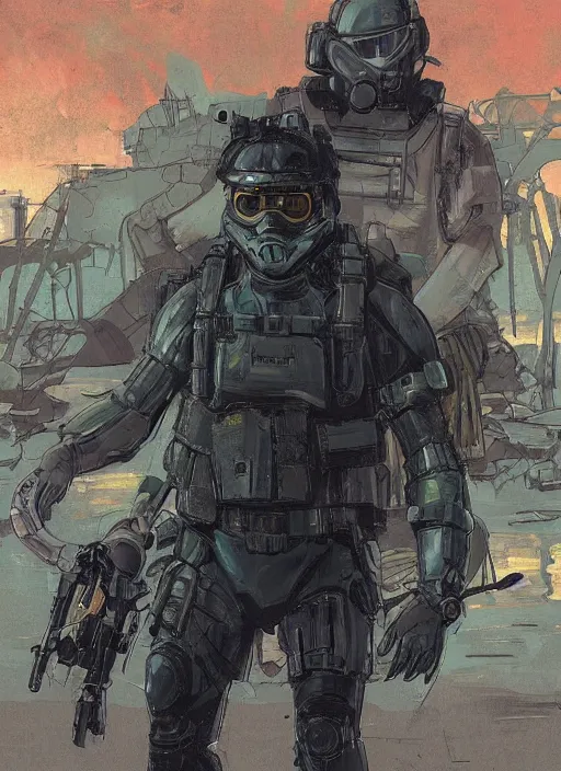 Prompt: Hector. USN blackops operator emerging from water at the shoreline. Operator wearing Futuristic cyberpunk tactical wetsuit and looking at an abandoned shipyard. Frogtrooper. rb6s, MGS, and splinter cell Concept art by James Gurney, Alphonso Mucha. Vivid color scheme.