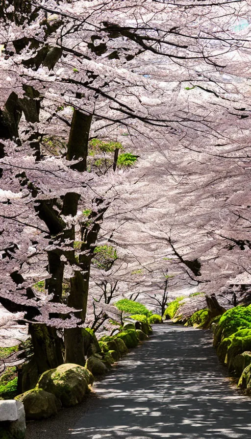 Prompt: a shinto shrine path atop a mountain,spring,cherry trees,beautiful,nature,distant shot,random angle