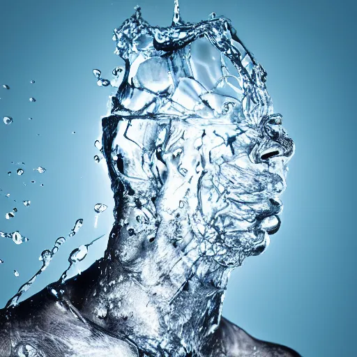 Prompt: spilling water creating a human head out sculpture of water, on the ocean water, ray tracing, realistic water sharp focus, long shot, 8 k resolution, cinematic, amazing water art