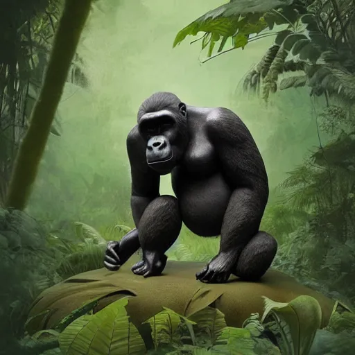 Prompt: A sculpture of a gorilla in the jungle , artwork by Sergey Kolesov