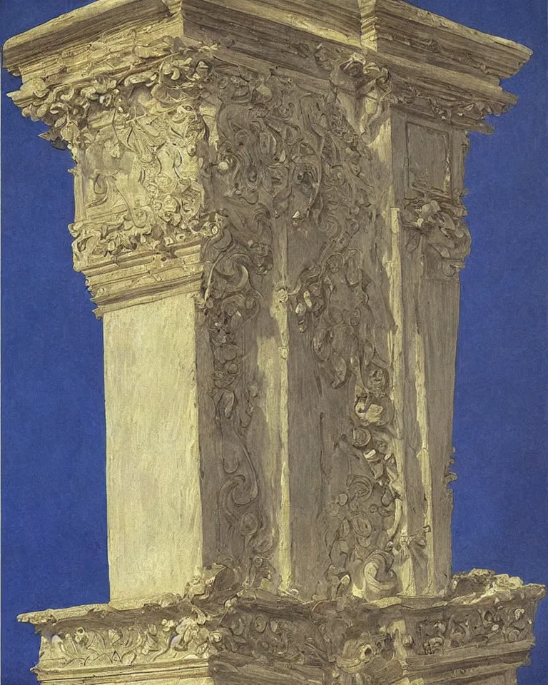 Image similar to achingly beautiful painting of intricate ancient roman corinthian capital on sapphire gemstone background by rene magritte, monet, and turner. giovanni battista piranesi.