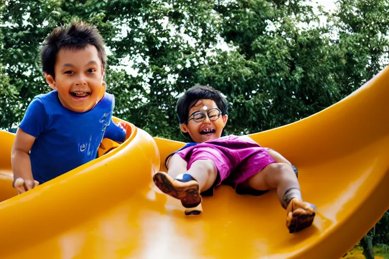 Image similar to photo of grogu going down a slide at a children’s playground, his arms are in the air and he’s smiling, shallow depth of field, Nikon 50mm f/1.8G,