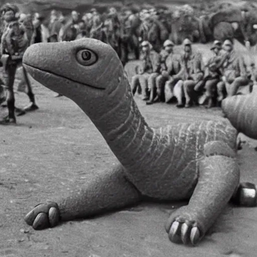 Prompt: award winning photograph of barnie the dinosaur at d - day, colorized