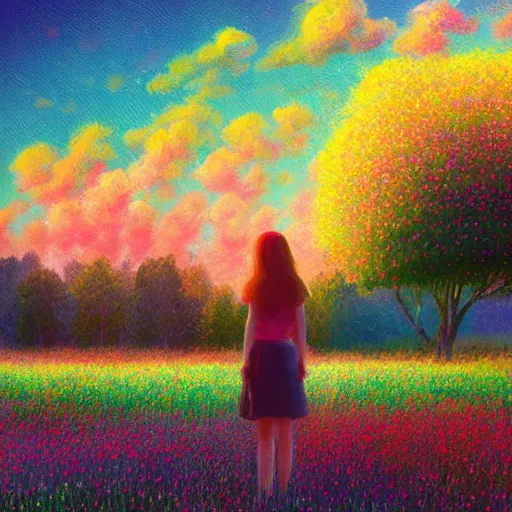 Prompt: girl with made of flower, standing in a flower field, big trees, sunrise dramatic light, impressionist painting, colorful clouds, digital painting, pointillism, artstation, simon stalenhag